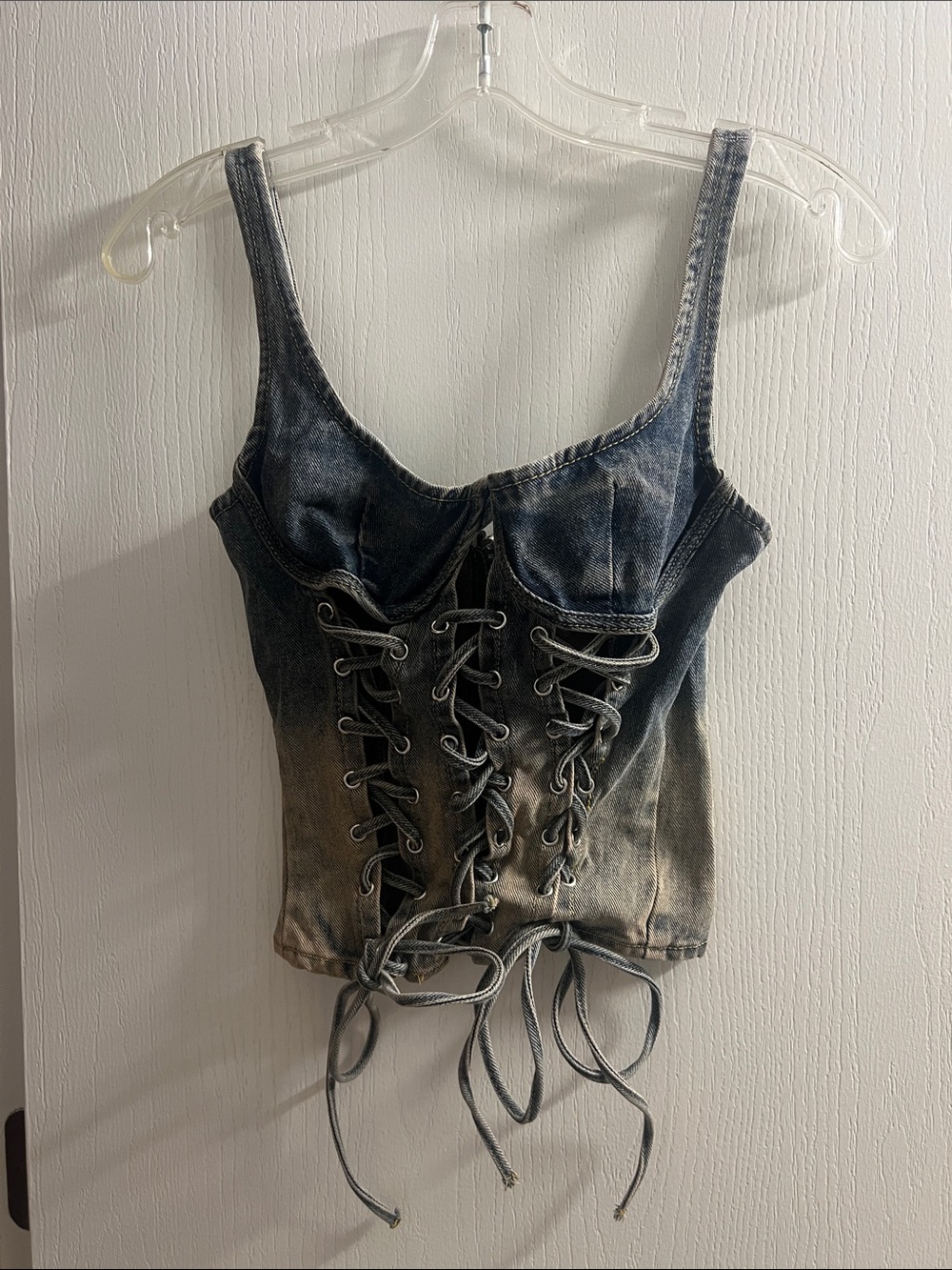 PrettyLittleThing Two-Tone Washed Denim Lace-Up Corset Top - Black/Brown
